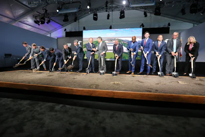 Chung Eui-sun, center left, executive chairman of Hyundai Motor Group, shakes hands with Georgia Gob. Brian Kemp as dignitaries join in for the official groundbreaking ing for the Hyundai Meta Plant on Tuesday, Oct. 25, 2022 in Ellabell, Ga.
