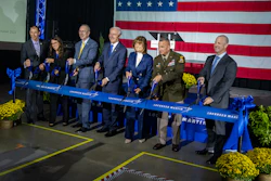 From Left, Mike Preston, Arkansas Commerce Secretary; Jen McManus, Vice President Of Production Operations, Lockheed Martin; Scott Greene, Executive Vice President, Missiles and Fire Control, Lockheed Martin; Arkansas Governor Asa Hutchinson; Brenda Davidson, Vice President Of PAC-3 Programs, Lockheed Martin; Brigadier General Frank J. Lozano, Program Executive Officer, Missiles and Space; and Aaron Huckaby, Camden Site Director, Lockheed Martin.