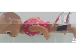 An underwater movement sensor attached to a motorized swimming doll’s knee alerts a smartphone app when the doll stops kicking, simulating a swimmer in distress.