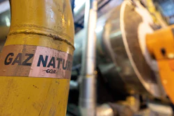A sticker reads 'natural gas' on a pipe at the French company R-CUA plant, in Strasbourg, eastern France, Oct. 7, 2022.