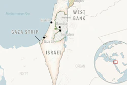 This is a locator map of Israel and the Palestinian Territories.