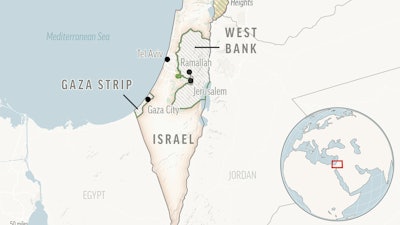 This is a locator map of Israel and the Palestinian Territories.