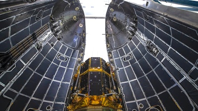 This undated photo provided by ispace in November 2022 shows the HAKUTO-R Mission 1 lunar lander encapsulated in a SpaceX Falcon 9 rocket in Cape Canaveral, Fla.