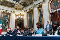 Vice President Kamala Harris, center, accompanied by from left, U.S. Ambassador to Mexico Ken Salazar, Homeland Security Secretary Alejandro Mayorkas, Secretary of State Antony Blinken, Commerce Secretary Gina Raimondo, and U.S. Trade Representative Katherine Tai, speaks at a U.S.-Mexico High Level Economic Dialogue meeting in the Indian Treaty Room in the Eisenhower Executive Office Building on the White House Campus in Washington, Thursday, Sept. 9, 2021.
