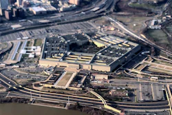 The Pentagon is seen in this aerial view made through an airplane window in Washington, Jan. 26, 2020.