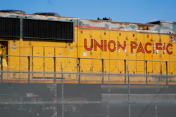 A Union Pacific train engine sits in a rail yard on Wednesday, Sept. 14, 2022, in Commerce, Calif.