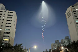 The light trail is seen in Goyang, South Korea, Friday, Dec. 30, 2022. South Korea's military confirmed it test-fired a solid-fueled rocket on Friday, after its unannounced launch triggered brief public scare of a suspected UFO appearance or a North Korean missile or drone flying.