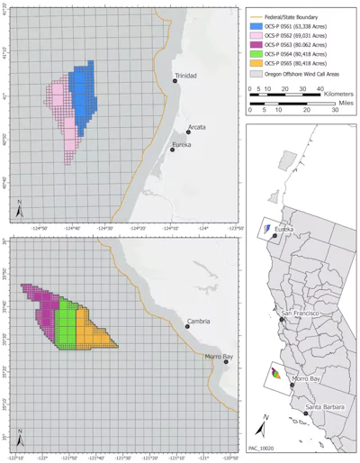 The first five federal lease areas for Pacific coast offshore wind energy development.