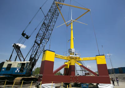 The University of Maine has been experimenting with a small floating wind turbine, about one-eighth scale, on a semisubmersible platform with RWE, one of the winning bidders.