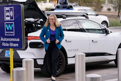 Phoenix Mayor Kate Gallego arrives in a self-driving vehicle, Friday, Dec. 16, 2022, at the Sky Harbor International Airport Sky Train facility in Phoenix.