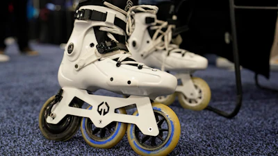 Mohamed Soliman of Atmos Gear shows off the Atmos Gear inline electric skates during CES Unveiled before the start of the CES tech show, Tuesday, Jan. 3, 2023, in Las Vegas.
