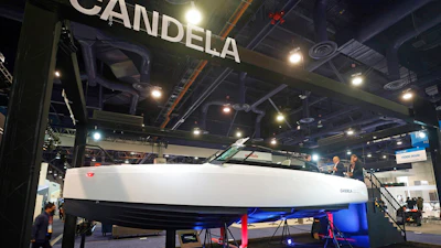 The Candela electric hydrofoiling speedboat is shown at Candela booth during the CES tech show Friday, Jan. 6, 2023, in Las Vegas.The Candela's C-Pod is the first electric pod motor designed for high-speed boats.