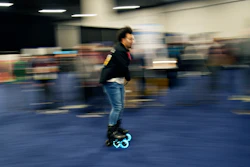 Mohamed Soliman of Atmos Gear shows off the Atmos Gear inline electric skates during CES Unveiled before the start of the CES tech show, Tuesday, Jan. 3, 2023, in Las Vegas.