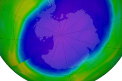 In this NASA false-color image, the blue and purple shows the hole in Earth's protective ozone layer over Antarctica on Oct. 5, 2022.