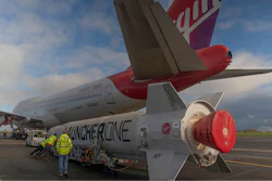 In this undated photo provided by Virgin Orbit on Monday, Jan. 9, 2023, Virgin Atlantic Cosmic Girl, a repurposed Virgin Atlantic Boeing 747 aircraft that will carry a rocket, is parked at Spaceport Cornwall, at Cornwall Airport in Newquay, England.