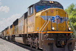 A Union Pacific train travels through Union, Neb., July 31, 2018.