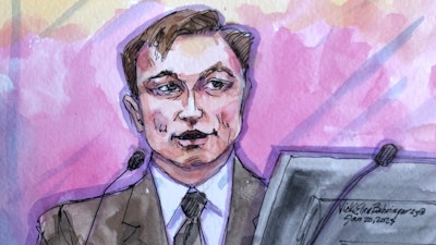 In this courtroom sketch, Elon Musk appears in federal court in San Francisco, Friday, Jan. 20, 2023.