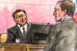 In this courtroom sketch is Elon Musk, left, with shareholder attorney Nicholas Porritt appears in federal court in San Francisco, Monday, Jan. 23, 2023.
