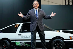Toyota Motor Corp. Chief Executive Akio Toyoda delivers a speech on the stage at the Tokyo Auto Salon, an industry event similar to the world's auto shows on Jan. 13, 2023, in Chiba near Tokyo.
