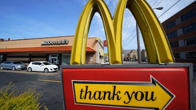 An exit sign at a McDonald's restaurant in Pittsburgh, April 23, 2022.