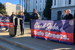 California Assembly member Cecilia Aguiar-Curry, a Democrat from Winters, California, speaks during a rally at the California Capitol on Monday, Jan. 30, 2023, in Sacramento, Calif. Aguiar-Curry has introduced a bill that would require human drivers to be present for self-driving semitrucks.