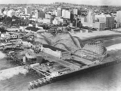 The view across The Pike amusement park and downtown Long Beach, California, in 1940 shows a forest of oil derricks in the background.