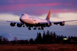 The final Boeing 747 lands at Paine Field following a test flight, Tuesday, Jan. 10, 2023, in Everett, Wash.