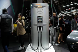 A ChargePoint electric vehicle charging hub, center, is on display at the Mercedes-Benz booth during the CES tech show Thursday, Jan. 5, 2023, in Las Vegas.