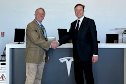 This photo provided by the Nevada Governor's Office shows Nevada Gov. Joe Lombardo, left, with Elon Musk on Tuesday, Jan. 24, 2023 at the Tesla Gigafactory at the Truckee-Reno Industrial Center east of Sparks, Nev.