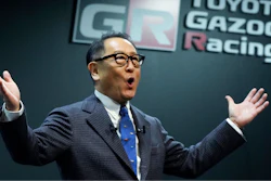 Toyota Motor Corp. Chief Executive Akio Toyoda delivers a speech on the stage at the Tokyo Auto Salon, an industry event similar to the world's auto shows Friday, Jan. 13, 2023, in Chiba near Tokyo.