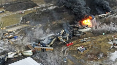 Nearly a dozen train cars carrying hazardous chemicals were among those that derailed in East Palestine, Ohio, on Feb. 3, 2023, and burned.