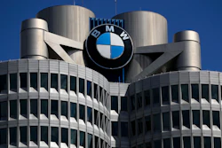 The logo of German car manufacturer BMW is fixed at the headquarters in Munich, Germany, May 14, 2021.
