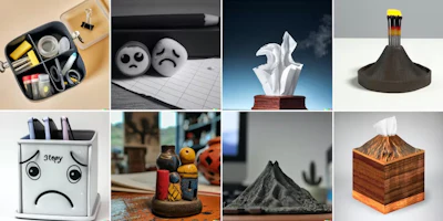 In the left column are images generated by OpenAI’s DALL-E when the author prompted it to come up with nostalgic desktop objects. The middle columns represent refined inputs for tabletop objects that represent the city of Antigua. The column on the right are composites created by the author before proceeding with the traditional design process.
