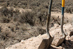 Exploration drilling continues for Permitting Lithium Nevada Corp.'s Thacker Pass Project on the site between Orovada and Kings Valley, in Humboldt county, Nev., shown beyond a driller's shovels in the distance on Sept. 13, 2018.