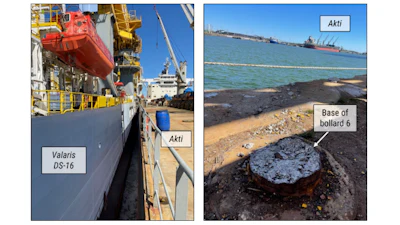 Postcasualty photos showing VALARIS DS-16 alongside the Akti after making contact (left) and the remaining base of bollard 6 after breakaway (right).