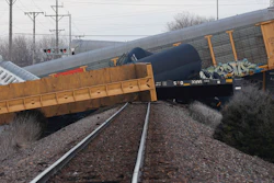 Multiple cars of a Norfolk Southern train lie toppled after derailing at a train crossing with Ohio 41 in Clark County, Ohio, March 4, 2023.