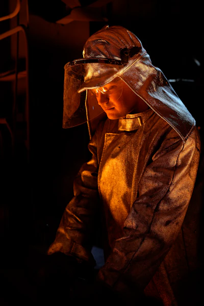 Mark Vidernikov, 30, stands inside a blast furnace at the Zaporizhstal steel plant, in Zaporizhia, Ukraine, Wednesday, March 1, 2023.