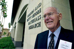 Intel Corp. founder and chairman emeritus, Gordon Moore, smiles as he tours during the dedication of the new Gordon and Betty Moore Material Research building at Stanford University on the Stanford, Calif., campus, Wednesday, Oct. 11, 2000.