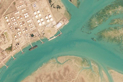 In this satellite photo by Planet Labs PBC, an oil tanker that the group United Against Nuclear Iran believes is the Abyss is docked at Bandar Mashahr, Iran, Feb. 22, 2023.