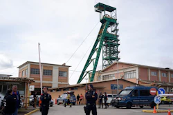 Catalan police cordon off the area at the entrance of the Cabanasses de Súria mine around 80 kilometers (50 miles) northwest of Barcelona, Spain, Thursday, March 9, 2023. Three workers died after becoming trapped deep underground in a potash mine in northeastern Spain on Thursday, firefighters said.