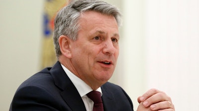 CEO of Royal Dutch Shell Ben van Beurden speaks at a meeting with Russian President Vladimir Putin in Moscow, Russia, Wednesday, June 21, 2017. Shell paid outgoing Chief Executive Ben van Beurden a total of 9.7 million pounds ($11.5 million) in 2022 as the London-based fossil fuel company's profits doubled to a record high of $40 billion in 2022 on soaring oil and gas prices.