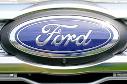 A logo on a vehicle at a Ford dealership in Springfield, Pa., Tuesday, April 26, 2022.