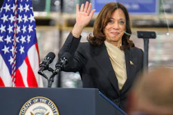 Vice President Kamala Harris waves to the audience during her visit to the Qcells solar plant in Dalton, Ga. Thursday, April 6, 2023.