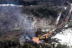 Several locomotives and rail cars burn after a freight train derailed near Rockwood, Maine, April 15, 2023.