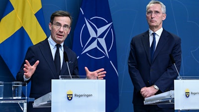 Sweden Prime Minister Ulf Kristersson and NATO Secretary General Jens Stoltenberg during a press conference in Stockholm, March 7, 2023.