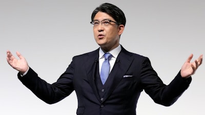 Koji Sato, President of Toyota Motor Co., delivers a speech during a news conference on April 7, 2023, in Tokyo.