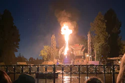 This photo courtesy of Shawna Bell shows a fire during the “Fantasmic' show in the Tom Sawyer Island section of Disneyland resort in Anaheim, Calif., on Saturday, April 22, 2023.