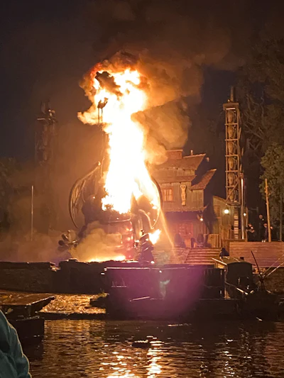 This photo courtesy of Shawna Bell shows a fire during the “Fantasmic' show in the Tom Sawyer Island section of Disneyland resort in Anaheim, Calif., on Saturday, April 22, 2023.
