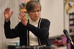 Kansas Gov. Laura Kelly answers questions from reporters during a news conference, Monday, April 24, 2023, in a second-grade classroom at Elmont Elementary School in Topeka, Kan.