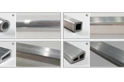 Extrusions made from AA6063 industrial scrap by ShAPE producing (a) circular, (b) square, (c) trapezoidal, and (d) two-cell trapezoidal profiles.